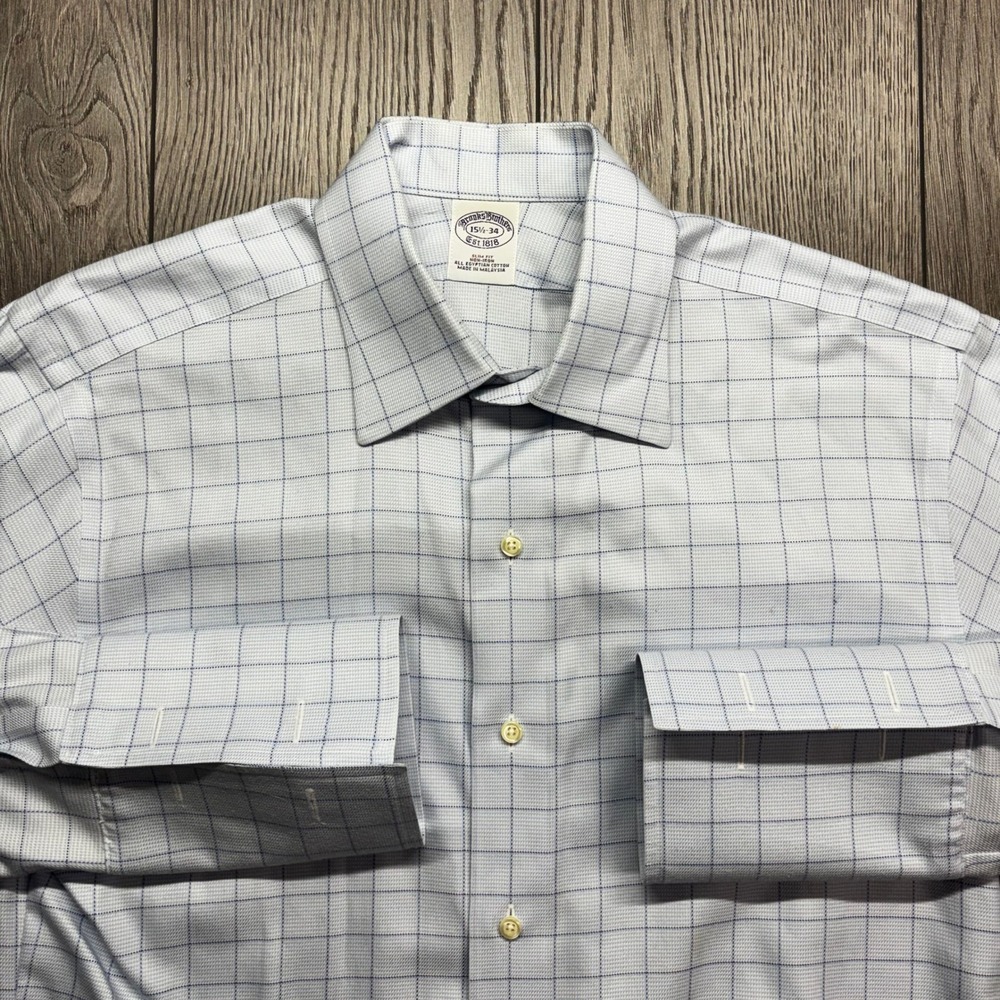 Brooks Brothers Slim Fit Non-Iron French Cuff Dress Shirt 15.5-34 Blue Check